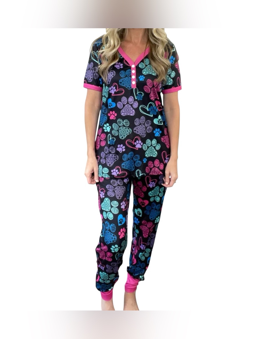 Shirley & Stone Short Sleeve Jogger Pajama Set New Paw Prints